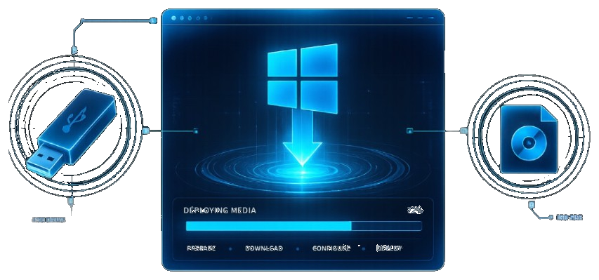 Windows Media Creation Tool deployment console showing Windows logo, USB drive input, ISO file output, and media deployment progress at 72 percent
